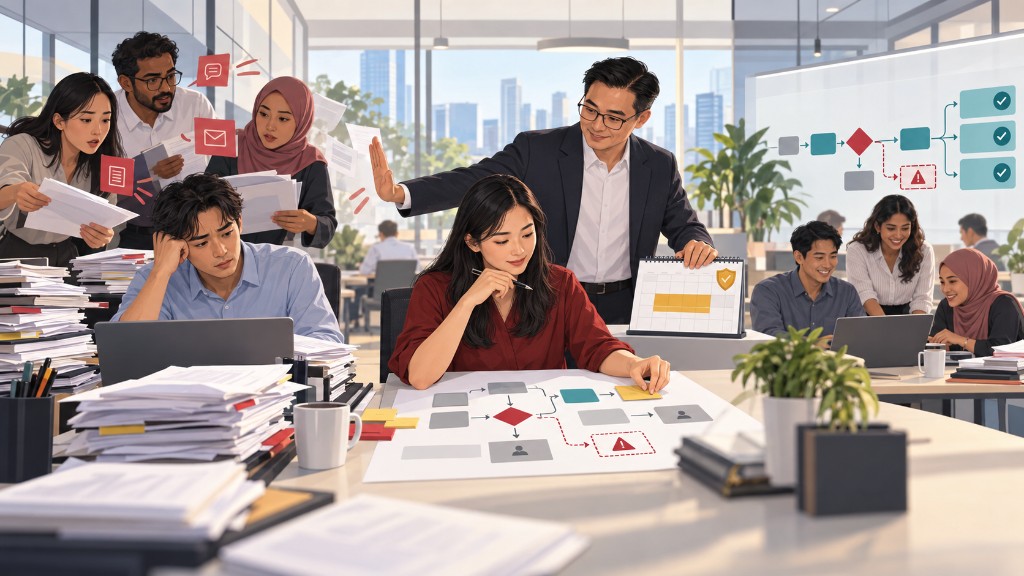 In a Singapore office, one team is overloaded with urgent work while another maps a workflow and protects time to design an agent