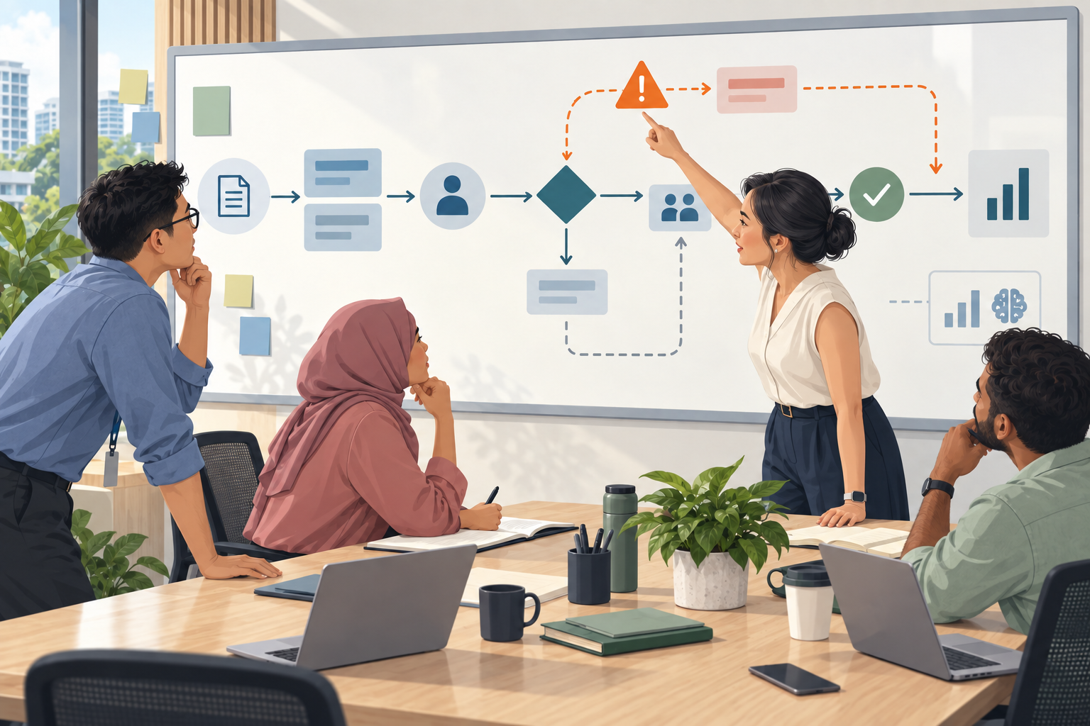 A team in a Singapore office reviews a workflow on a whiteboard, with one person pointing to an exception in the process